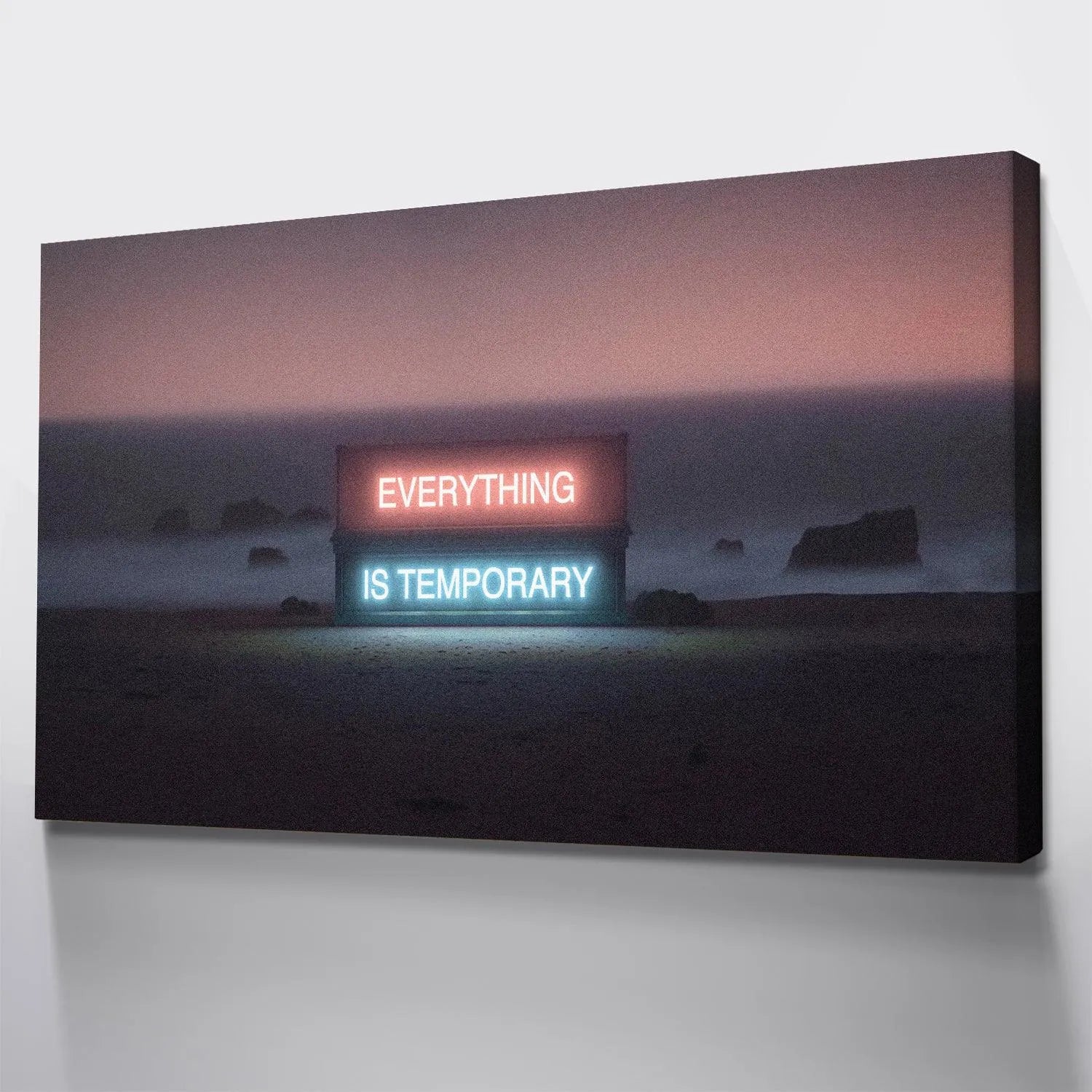 Lifestyle image showing the large scale 'Everything Is Temporary' print hanging in a modern, minimalist living room.