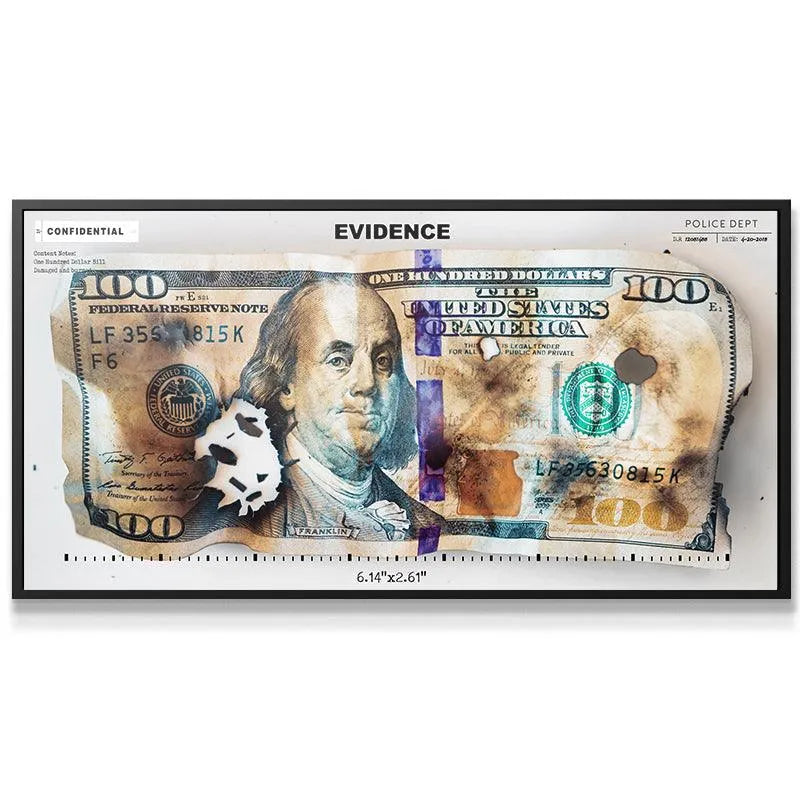 Full view of the distressed $100 bill canvas art titled Evidence file.