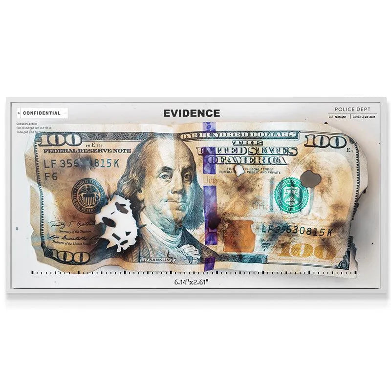 Texture detail of the burnt edges and scorch marks on the currency Evidence print.