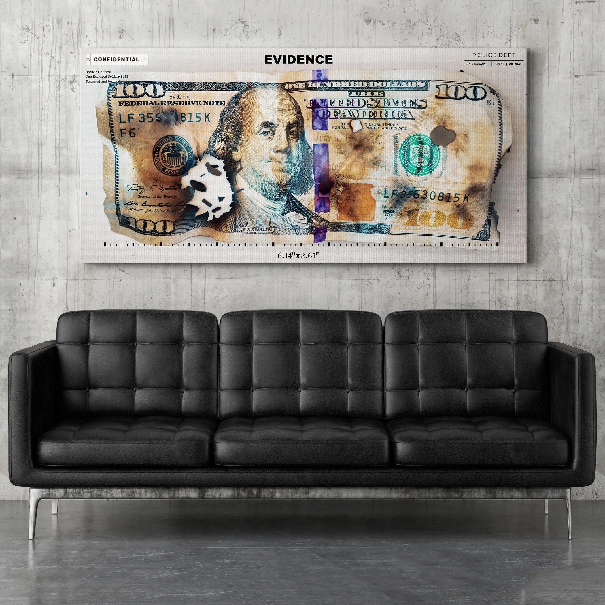 Side angle view of the canvas print showing the 'POLICE DEPT' stamp and Evidence marker.