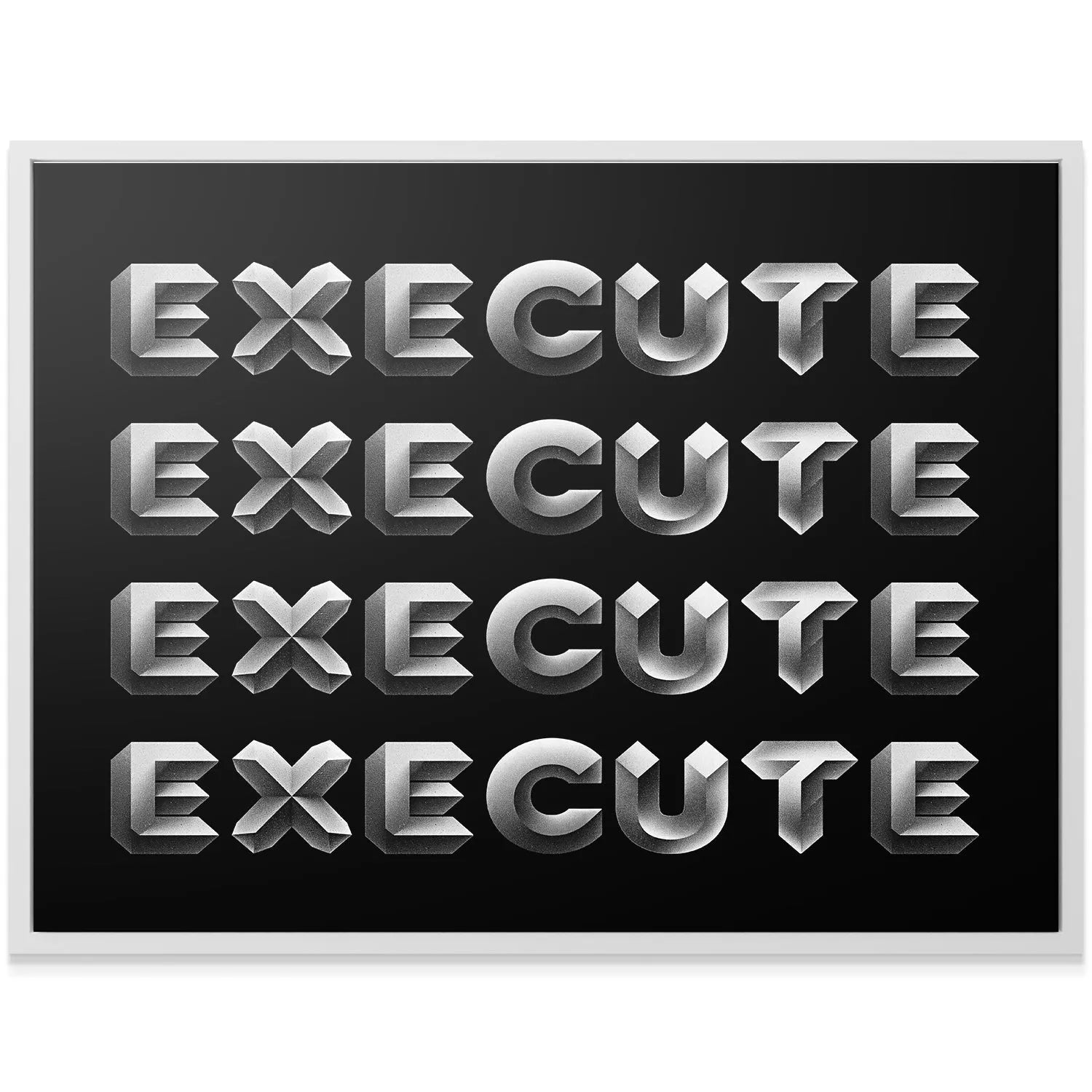 Detailed side angle emphasizing the deep 3D bevel and geometric shadows of the Execute - Silver artwork.