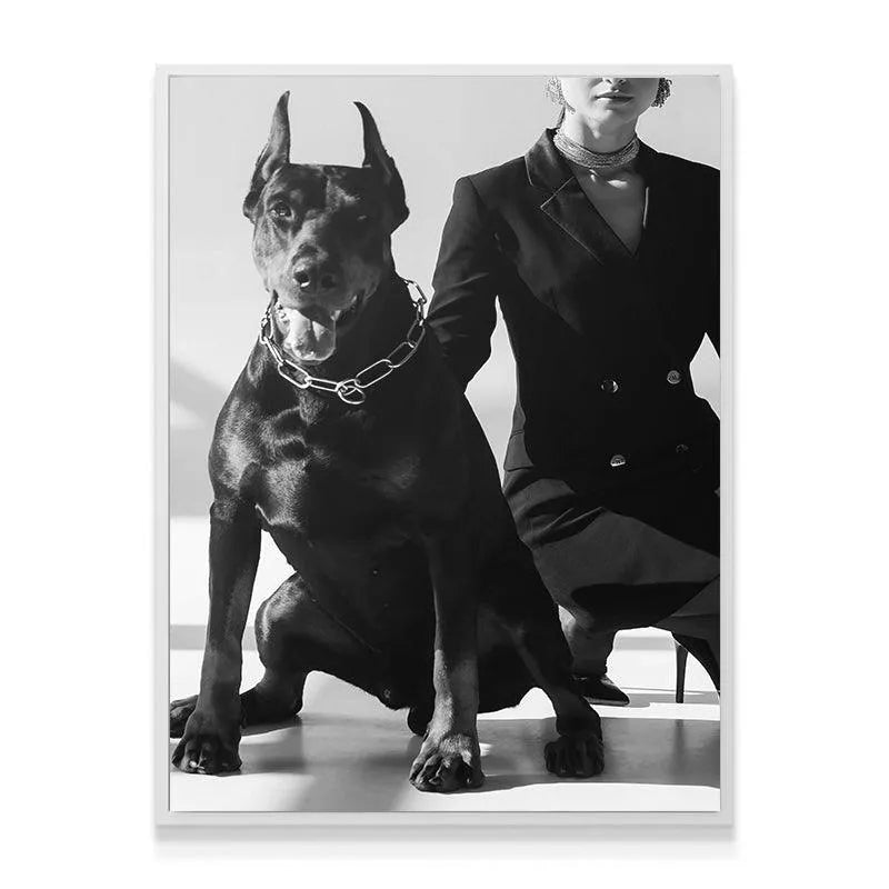 Detailed texture of the glossy Doberman coat contrasted with the owner's blazer in the Family Portrait