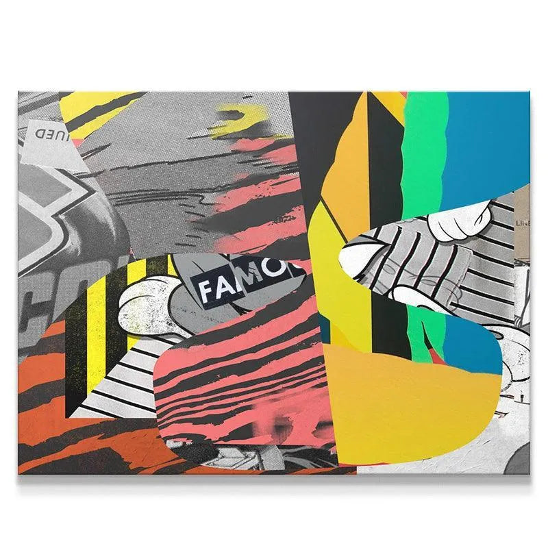 Close-up of the textured mixed-media collage area featuring the word 'Famous'