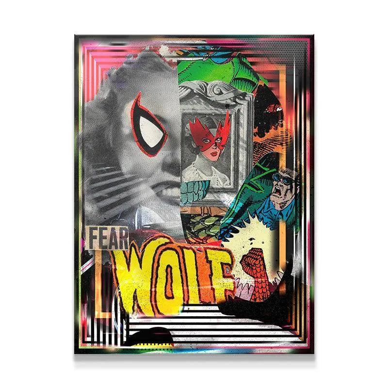 Full frontal view of the bold mixed media print 'Fear Wolf' featuring comic book style lettering.
