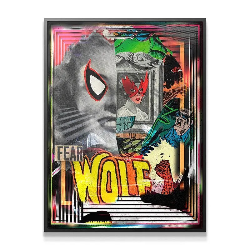 Close-up detail showing the texture and layering of the 'Fear Wolf' street art collage.