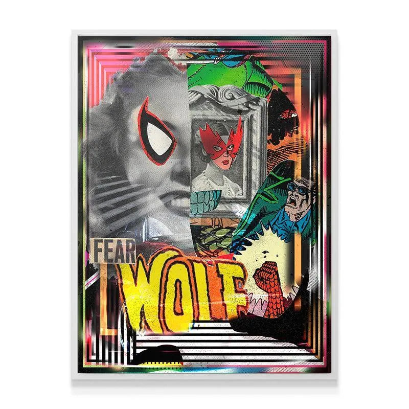 Stylized side angle of the framed artwork titled 'Fear Wolf' under gallery lighting.