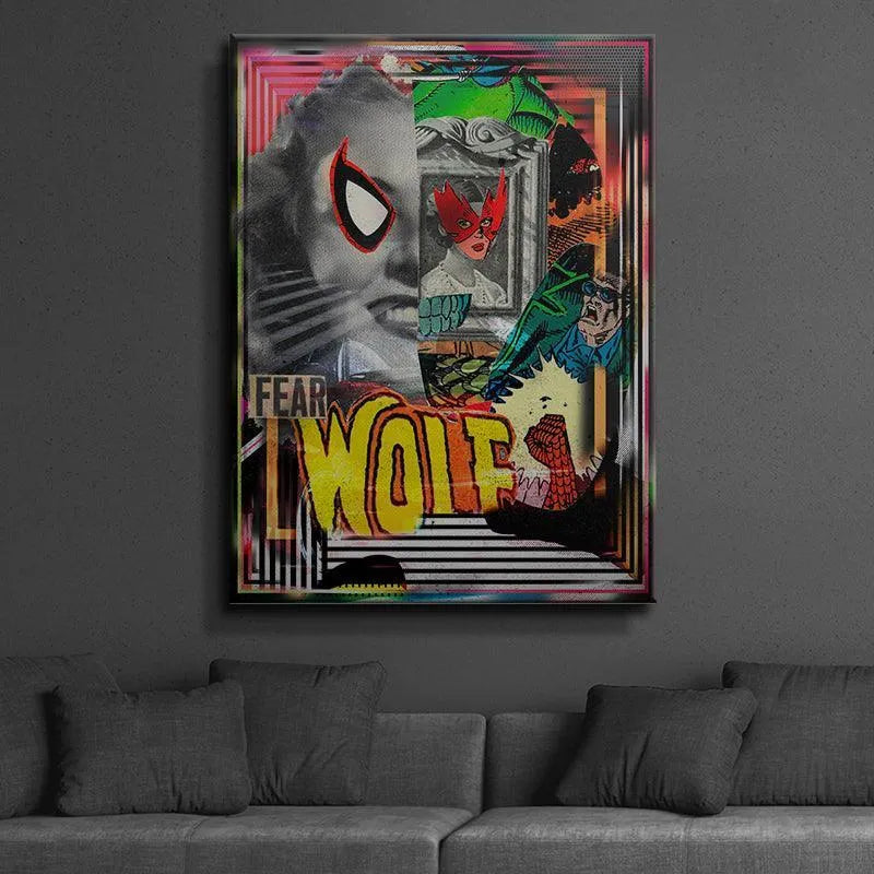 Macro shot focusing on the central yellow and red pop art typography of 'Fear Wolf'.