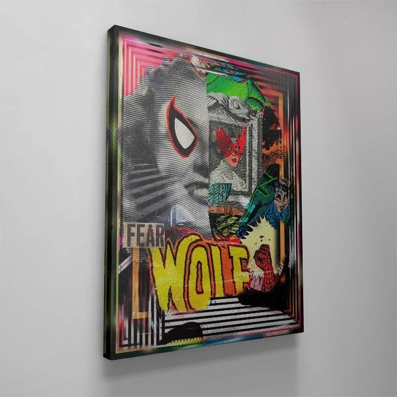 The 'Fear Wolf' artwork displayed in a contemporary, loft-style living room environment.