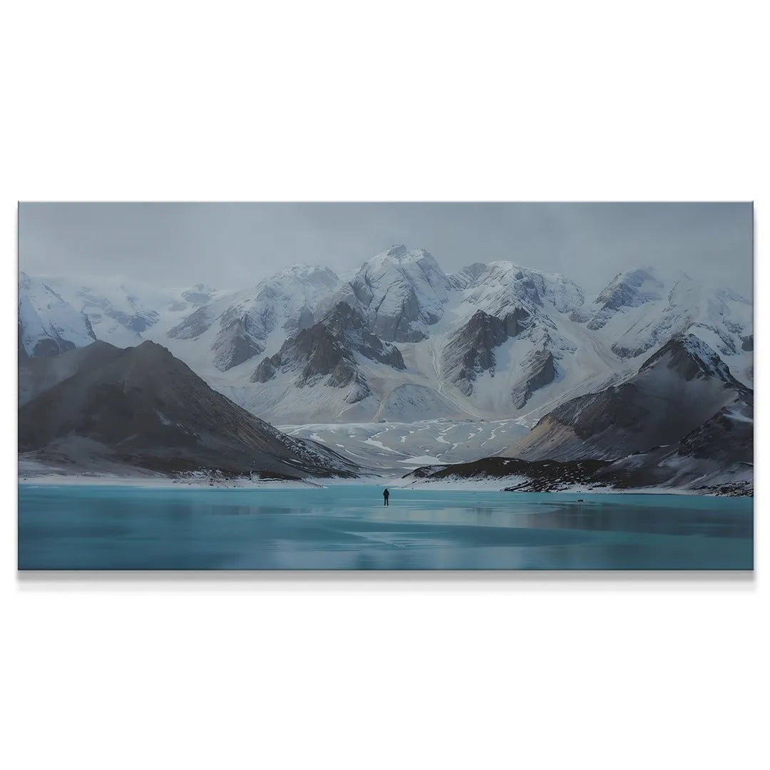 Wide angle view of the dramatic, snow-covered mountains and turquoise lake in the Find Your Purpose (No Quote) canvas.