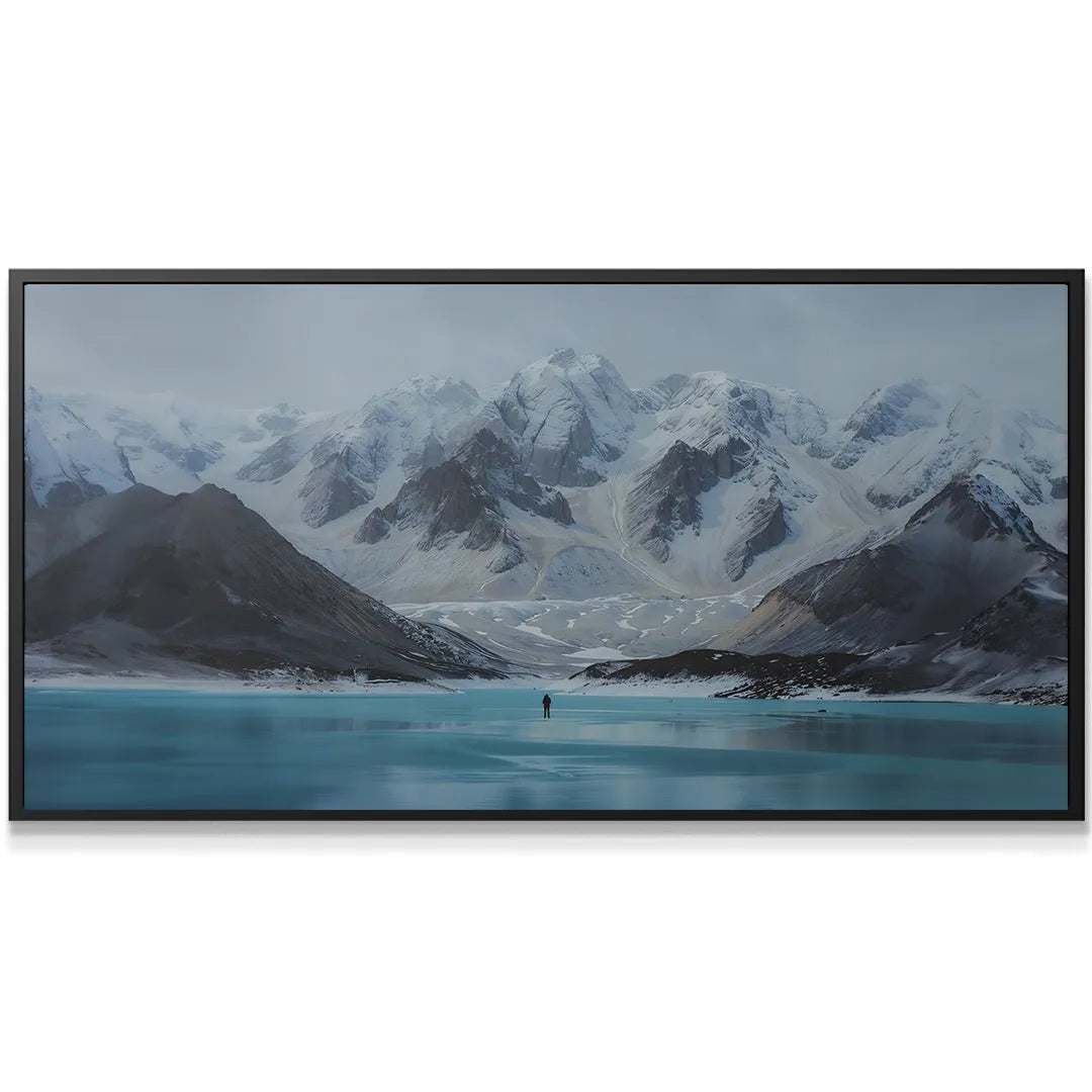 Close-up detail of the lone figure standing isolated on the icy water surface, central element of Find Your Purpose (No Quote).