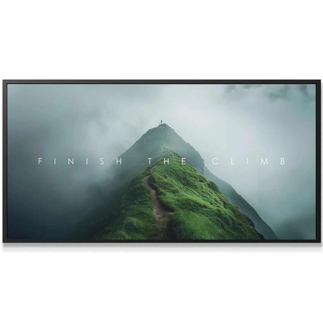 Motivational canvas print texture emphasizing the deep green grass and the powerful message to Finish The Climb.