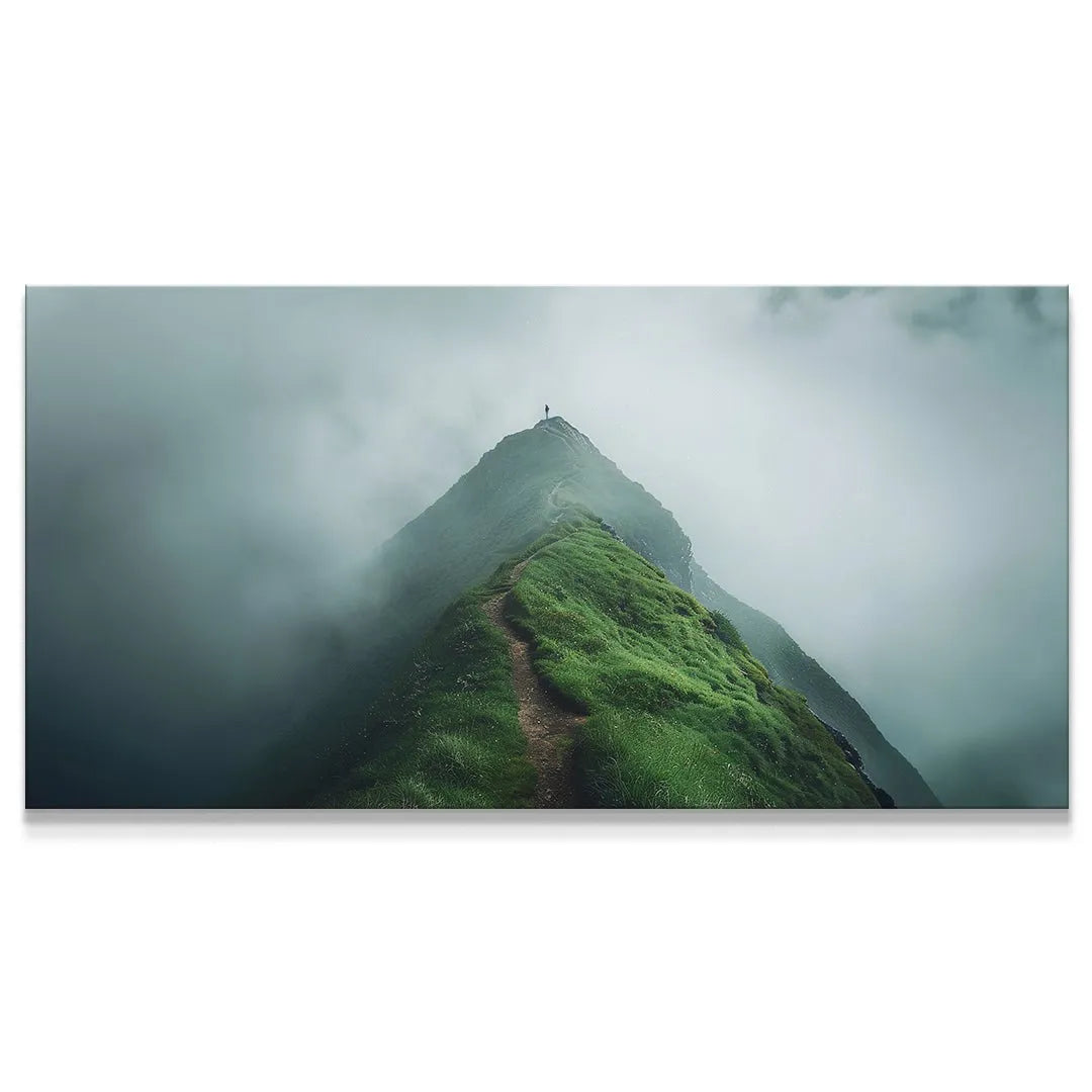 Solitary hiker silhouette standing triumphantly on the mist-shrouded peak, embodying the spirit of Finish The Climb.