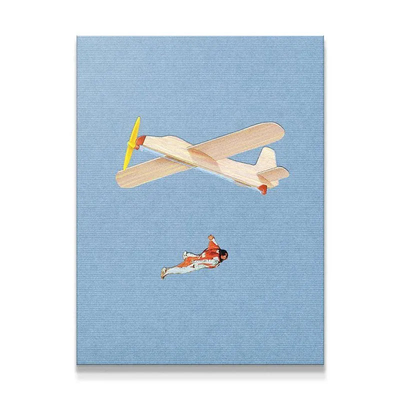 Full view of 'Flight Paths' art print showing the model airplane and skydiver on blue textured canvas.
