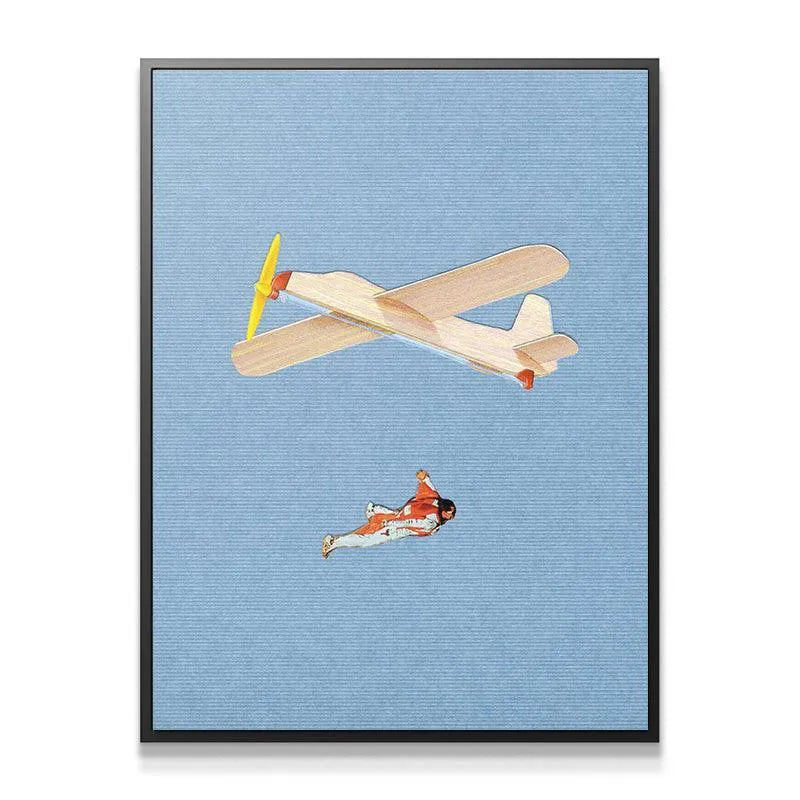 Close-up detail of the wooden propeller plane featured prominently in the 'Flight Paths' artwork.