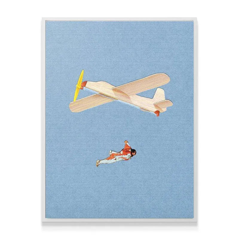 Angle shot emphasizing the skydiver's orange and white suit descending in the 'Flight Paths' design.
