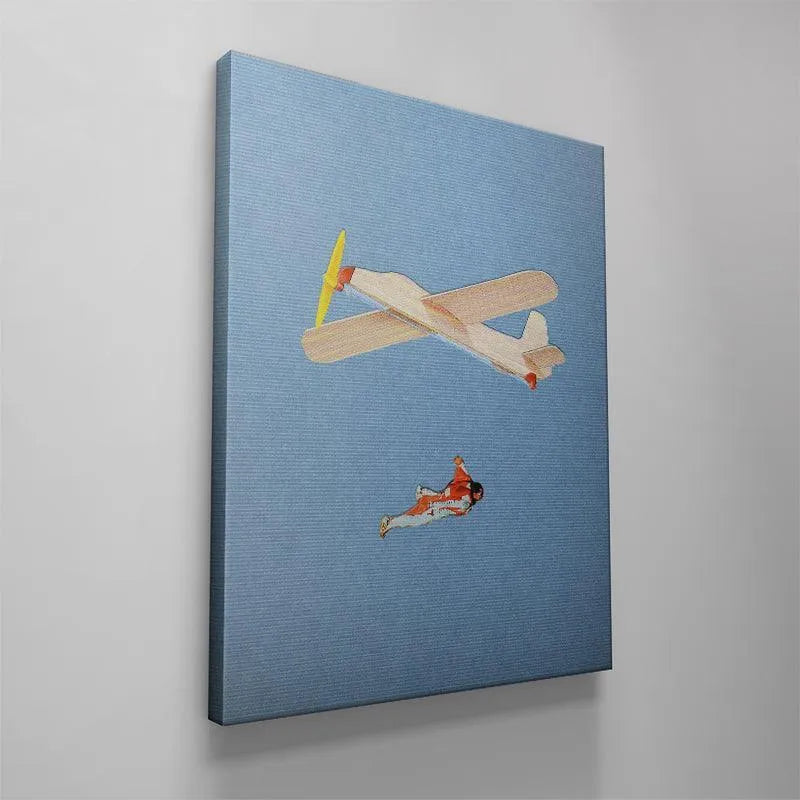 Wider crop showing the negative space between the aircraft and the skydiver in 'Flight Paths'.