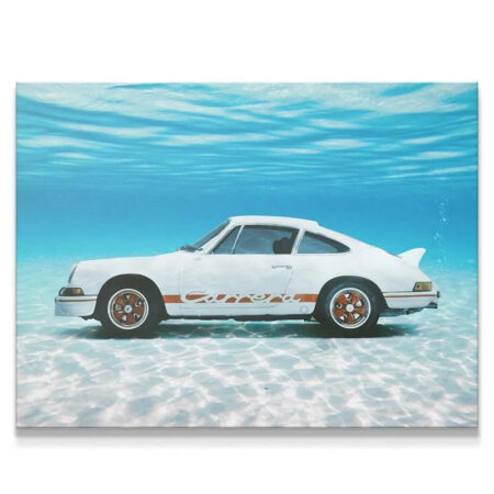 Side profile of white Porsche Carrera submerged underwater art print, titled Floored.