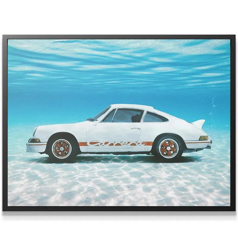 Close-up texture of sandy ocean floor beneath the classic vehicle in the Floored artwork.