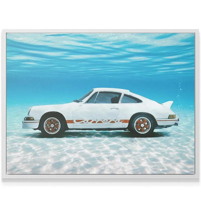 Wide shot showing the full submerged Porsche and the water's surface ripples in Floored.
