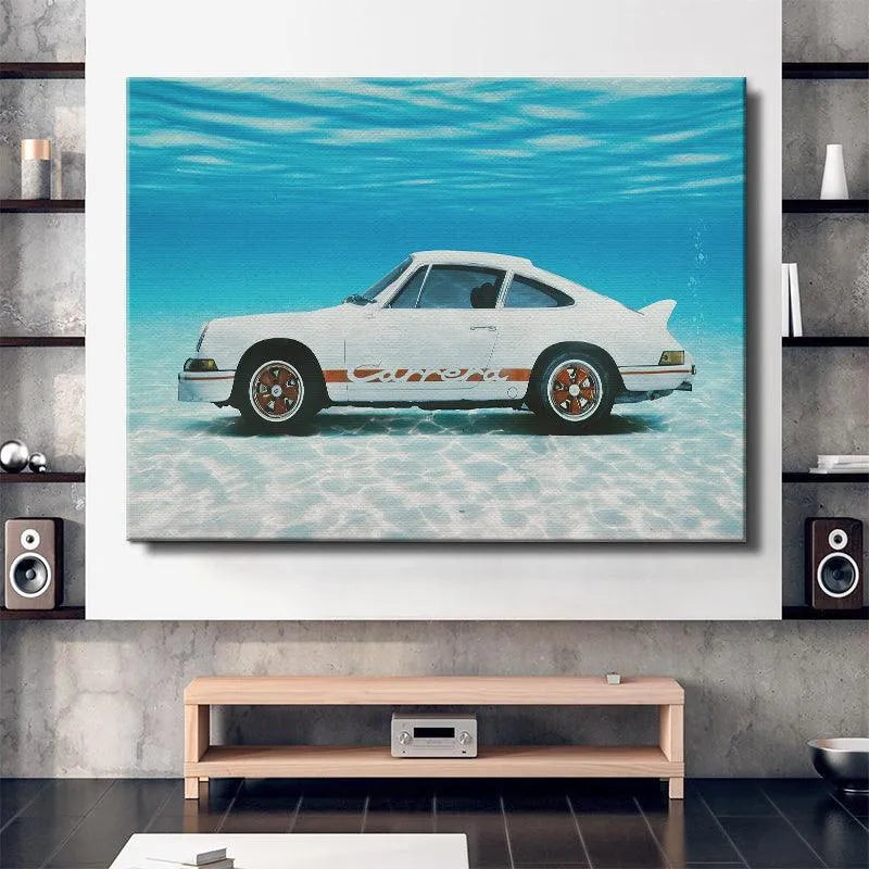 Angle showing the vintage car's wheel and tire submerged in the water, a key feature of Floored.