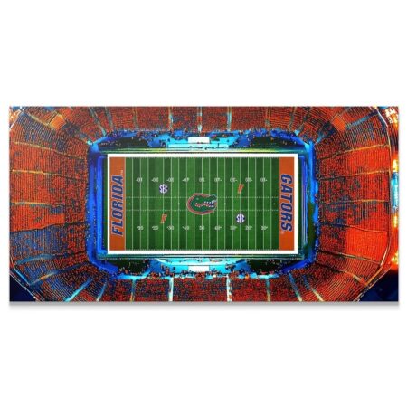 Overhead view of the vibrant Florida - Stadium football field and packed orange stands.