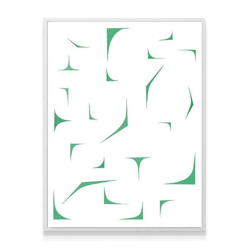 Corner shot of the framed Flotsam abstract canvas hanging on a white wall.