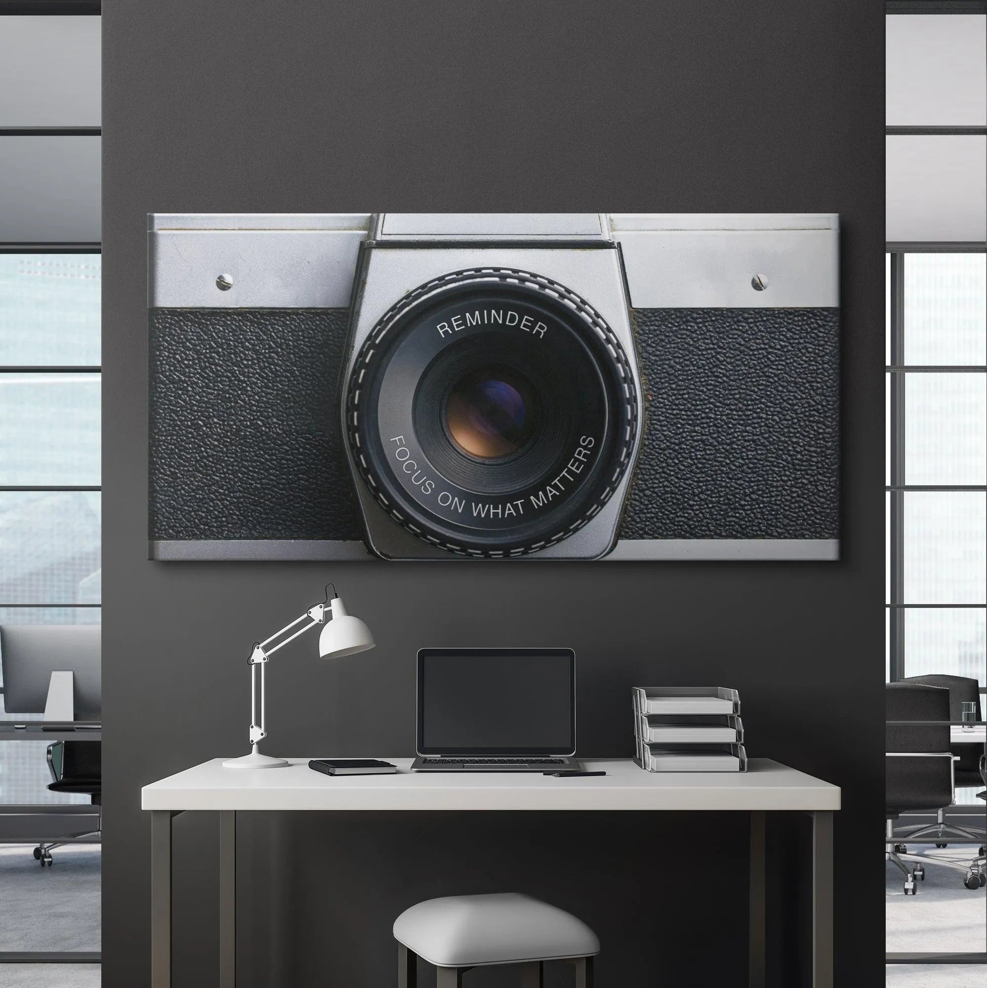 Artistic render of the reflective lens element in the 'Focus On What Matters (Camera)' piece, showing light refraction.