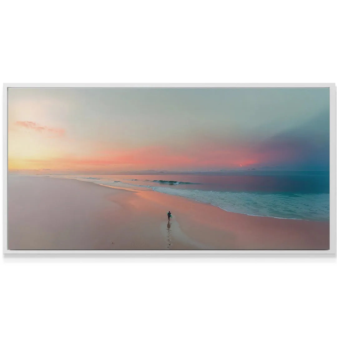 Long horizontal view emphasizing the dramatic pink and purple reflections of the sky on the water for "Follow Dreams Not People."