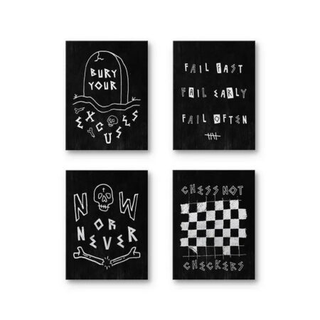 Full overhead shot of the four rebellious prints in the For Those Who Sin Bundle arranged in a square grid.