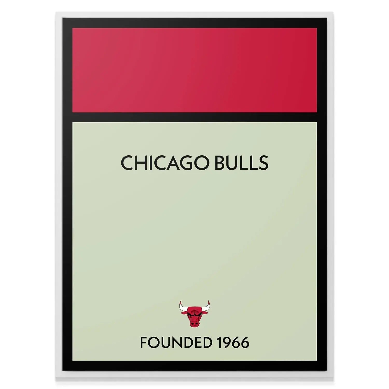 Angled shot showing the matte texture and vibrant red top panel of the framed Game Board - Bulls poster.
