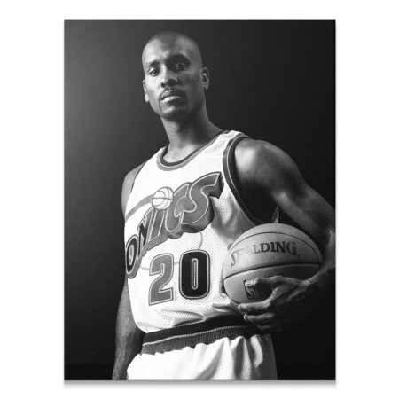 Full vertical portrait of Gary Payton - Serious holding a Spalding basketball.