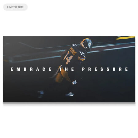 Close-up of George Pickens running action shot, featuring the motivational text: George Pickens - Embrace The Pressure.