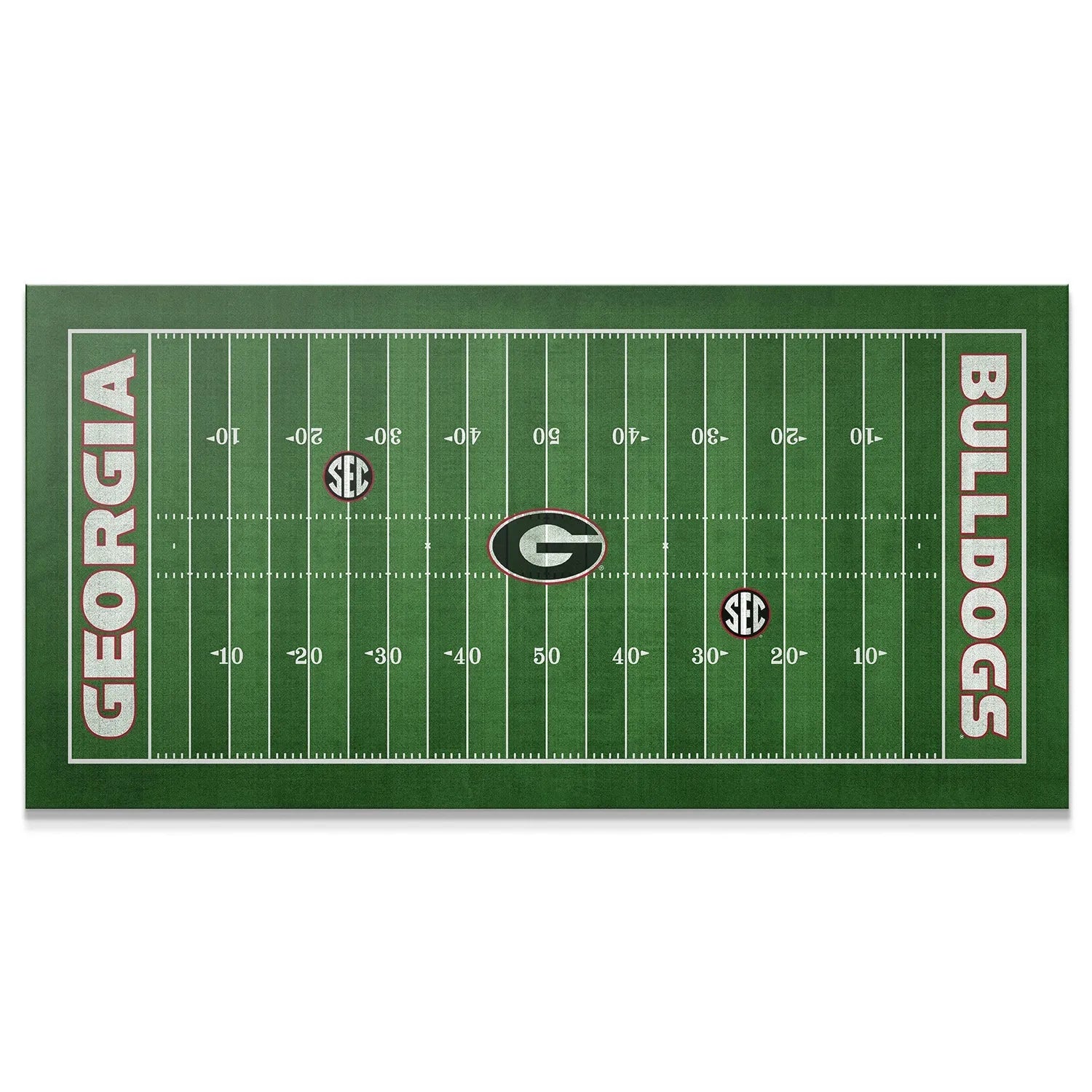Overhead view of the vibrant green Georgia - Full Field rug showing yard line details.