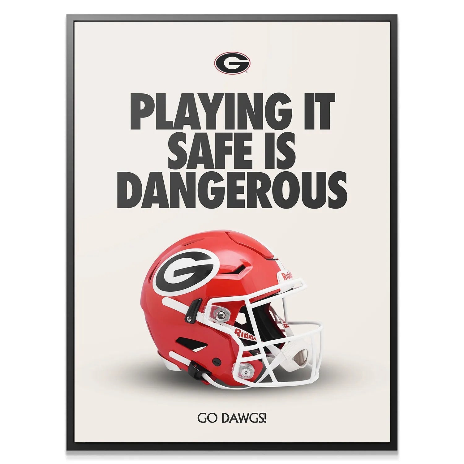 Close-up detail of the glossy red finish and white face mask on the helmet displayed in the 'Georgia - Playing It Safe' print.