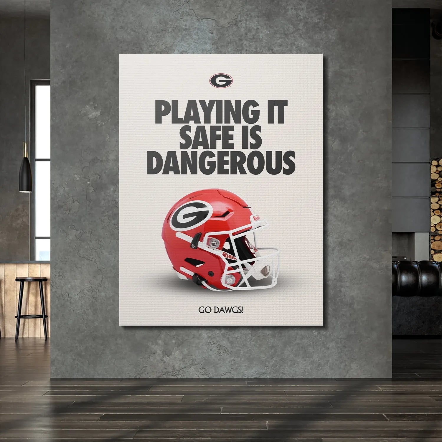 Lifestyle mock-up of the 'Georgia - Playing It Safe' poster displayed prominently in a sports fan's man cave or dorm room.