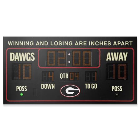 Close-up of the 'DAWGS' team name section on the vibrant Georgia - Scoreboard wall art.