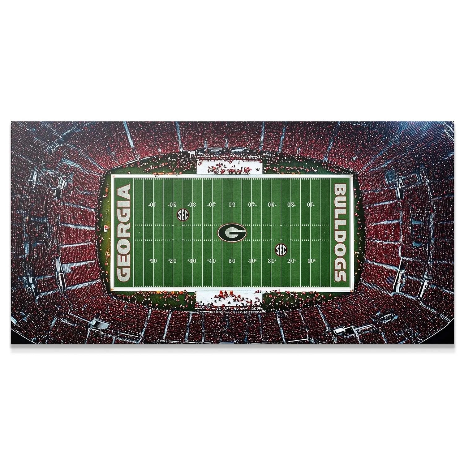 Panoramic aerial view of Georgia - Stadium packed with red-clad fans before kickoff.