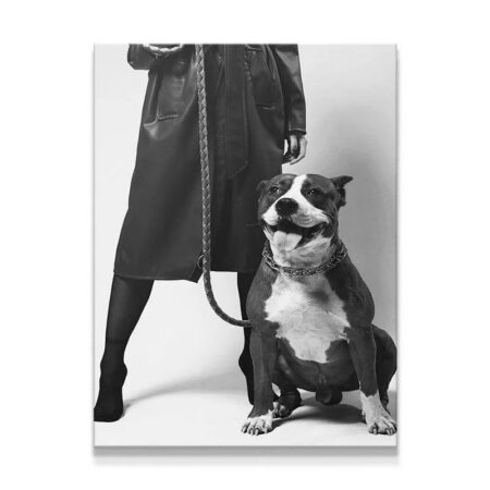 Bold black and white lifestyle photo featuring a confident woman and her loyal 'Girls Best Friend' standing side-by-side.