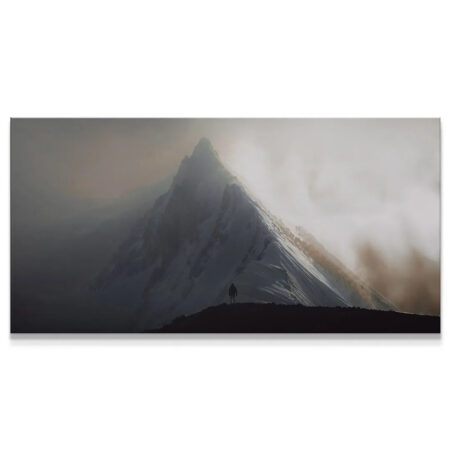 Panoramic view of the mountain peak highlighting the atmospheric fog, titled 'Give Everything (No Quote)'.
