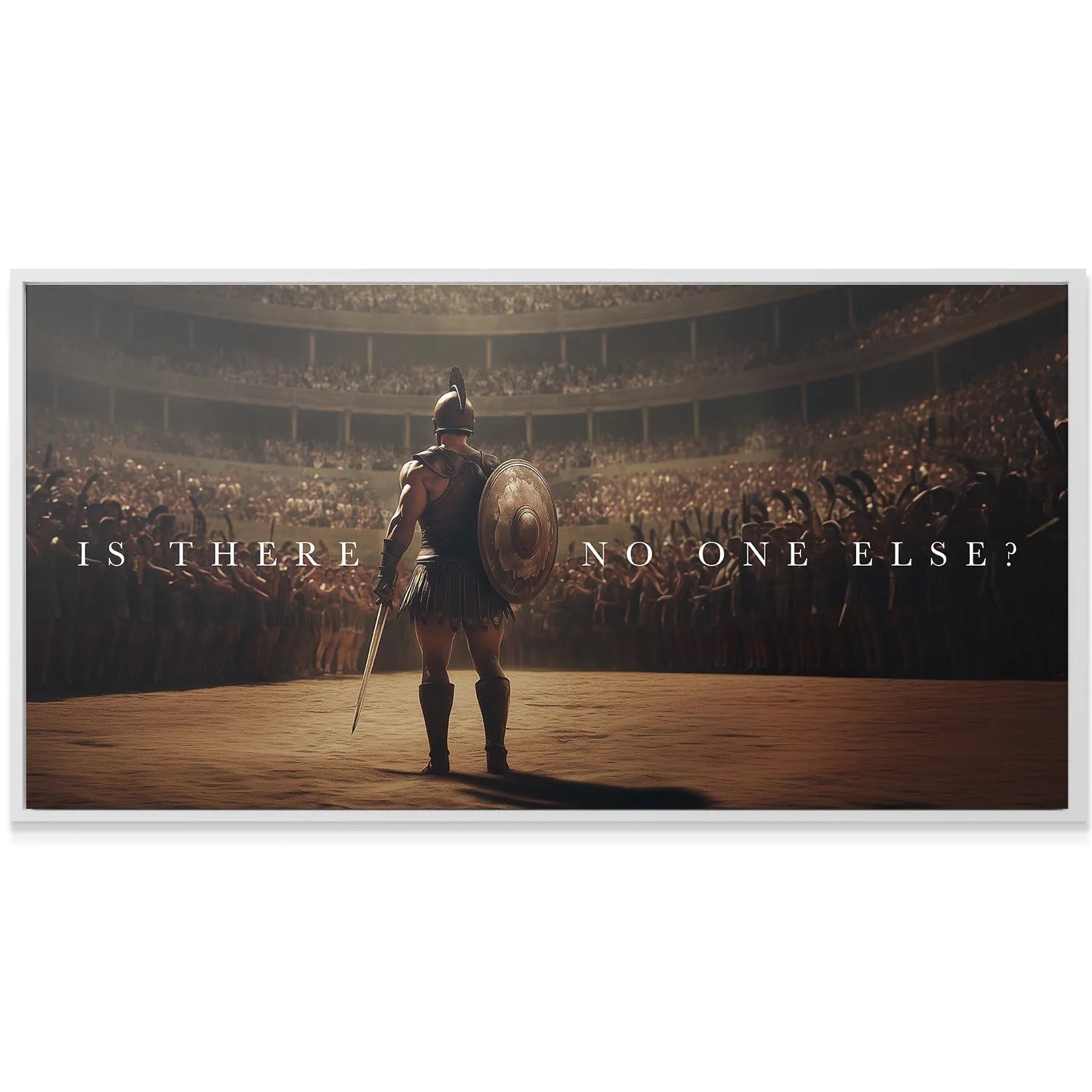 Wide-angle shot emphasizing the lonely figure in the center of the Colosseum for Gladiator - Is There No One Else wall art.