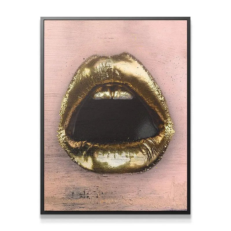 Close-up detail showing the metallic sheen and rough texture of the Gold Lips art.