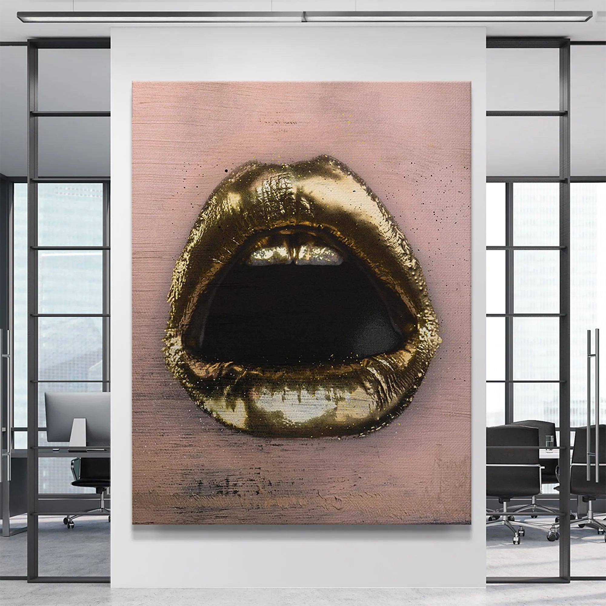 Angled perspective of the dramatic, open-mouthed Gold Lips canvas print.
