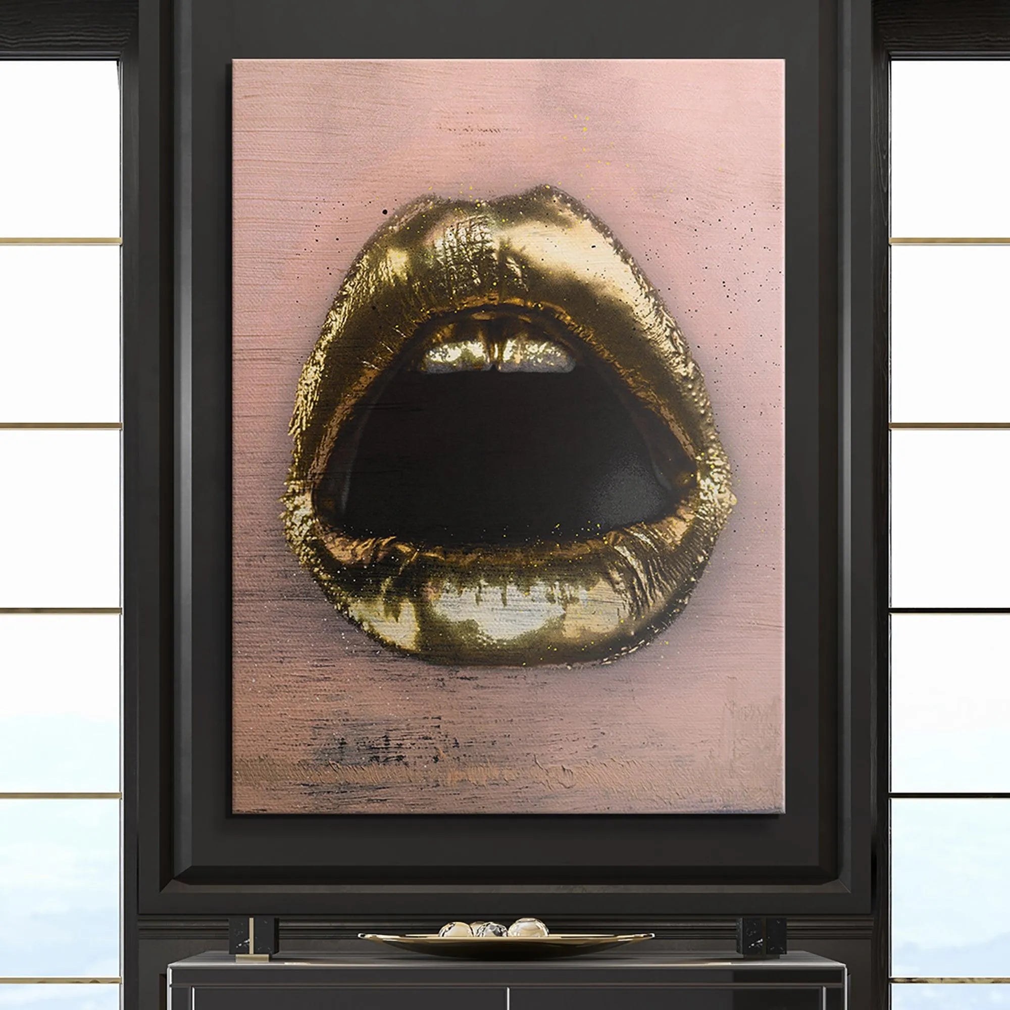 Abstract detail of the distressed pink paint brushstrokes surrounding the Gold Lips.