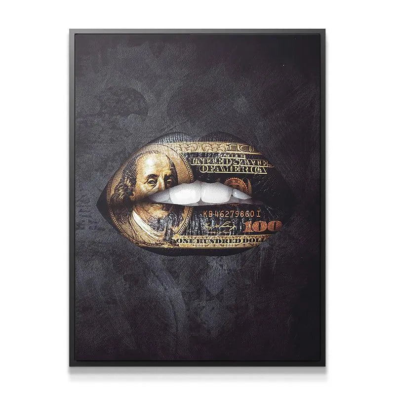 Close-up view of the detailed Benjamin Franklin portrait on the Gold Standard Lips canvas.