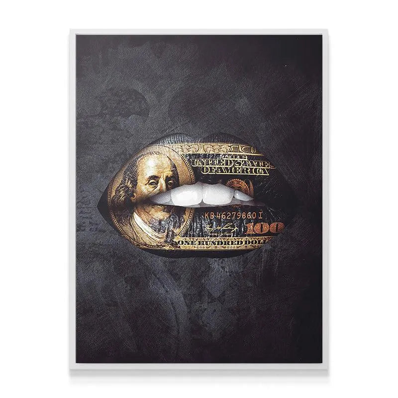 Textured detail of the $100 bill overlay on the Gold Standard Lips artwork.