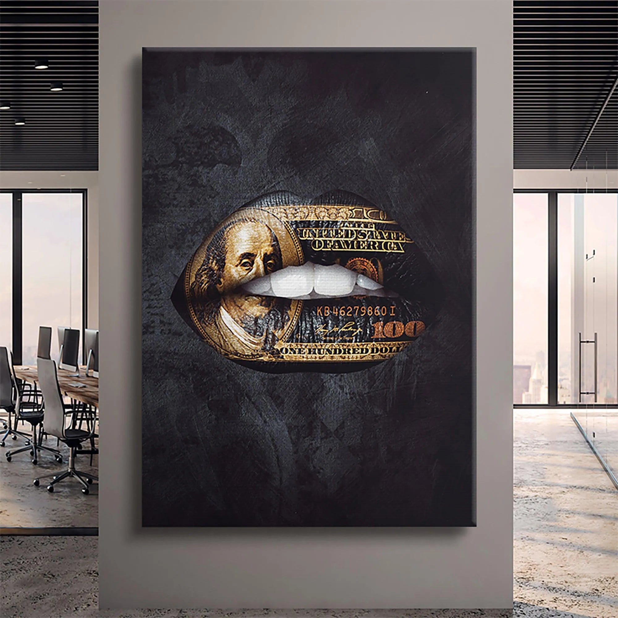 Side angle of the provocative Gold Standard Lips modern wall art.
