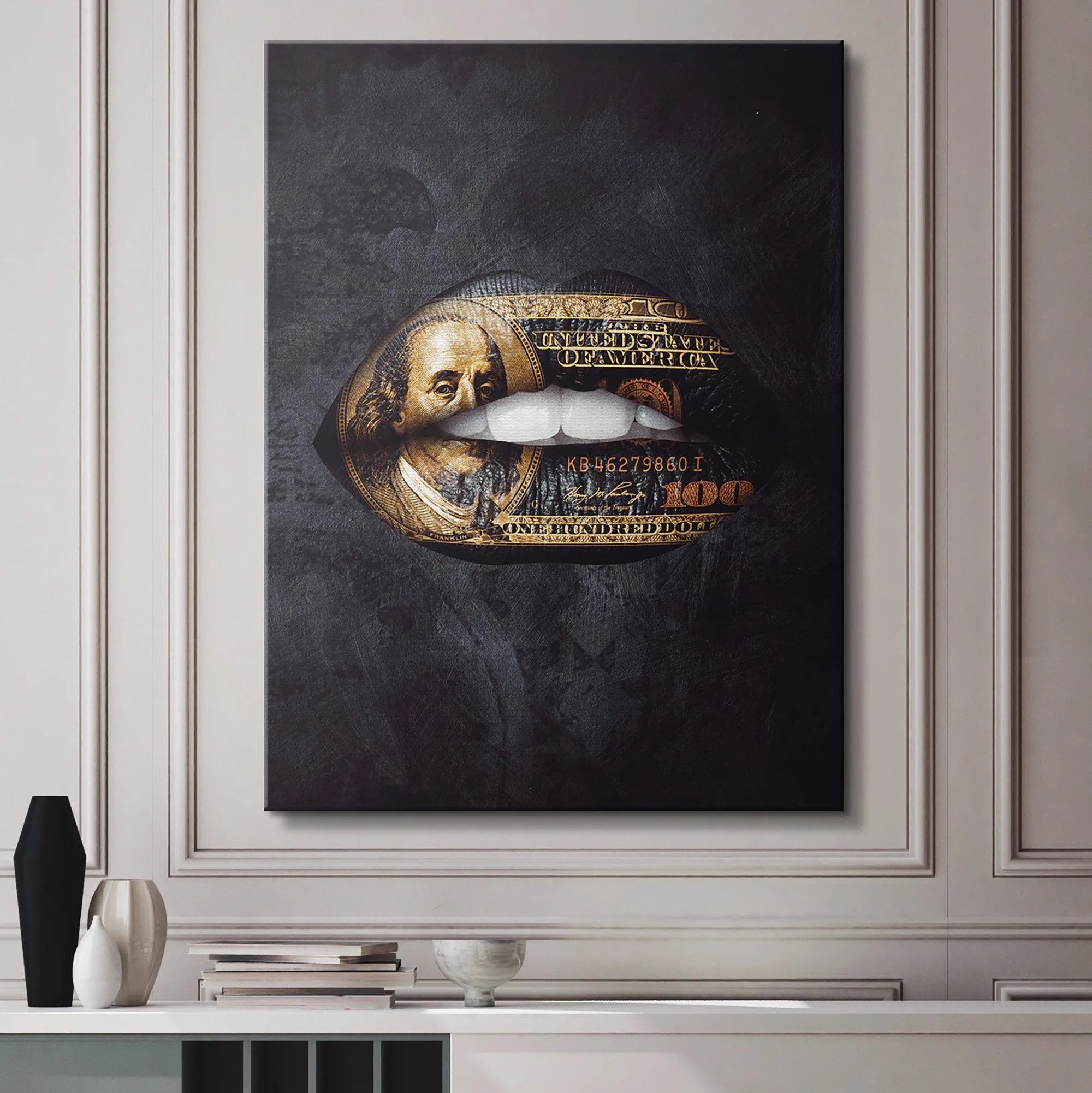 Mouth and stark white teeth highlighted within the Gold Standard Lips print.