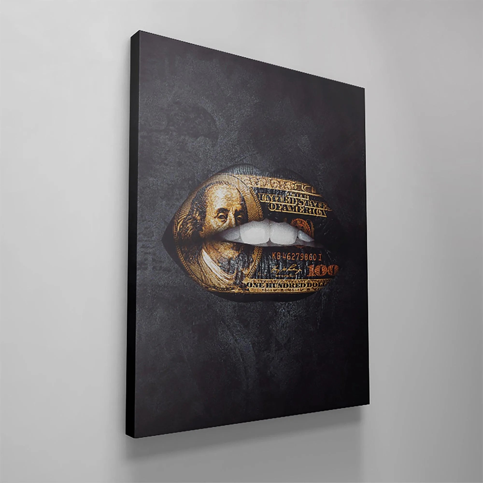 Large format, black background depiction of the dramatic Gold Standard Lips.