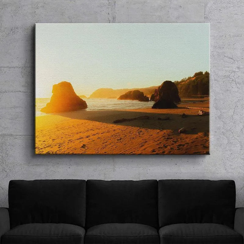 Lifestyle image featuring the 'Golden Glow' coastal print hanging above a minimalist wooden mantle.