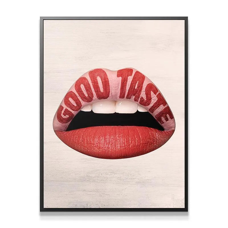 Full frontal view of the Good Taste Lips canvas print against a bright wall.